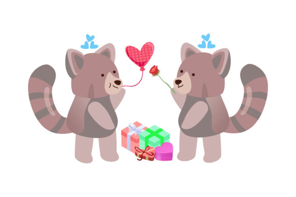 Bear Couple Carrying Flowers and Balloon Graphics & Illustrations